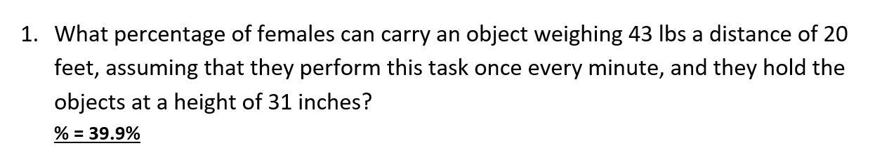 A 1 What Percentage Of Females Can Carry An Object Weighing 43 Lbs A Distance Of 20 Feet Assuming That They Perform Th 1