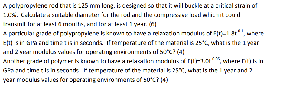 A Polypropylene Rod That Is 125 Mm Long Is Designed So That It Will Buckle At A Critical Strain Of 1 0 Calculate A Su 1