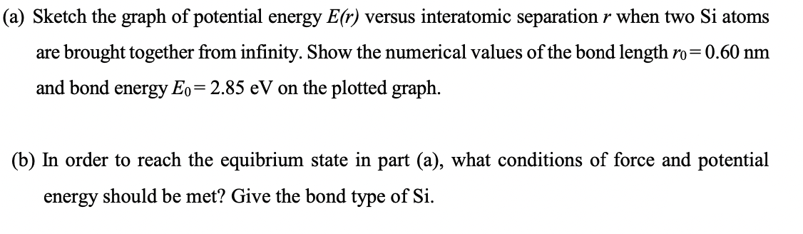 A Sketch The Graph Of Potential Energy E R Versus Interatomic Separation R When Two Si Atoms Are Brought Together Fro 1