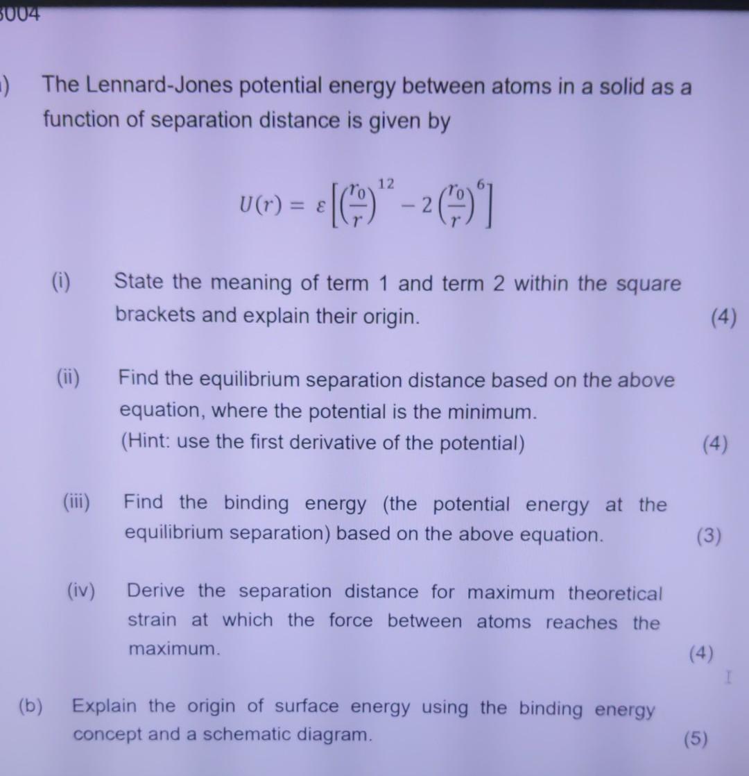 3004 The Lennard Jones Potential Energy Between Atoms In A Solid As A Function Of Separation Distance Is Given By 12 U 1