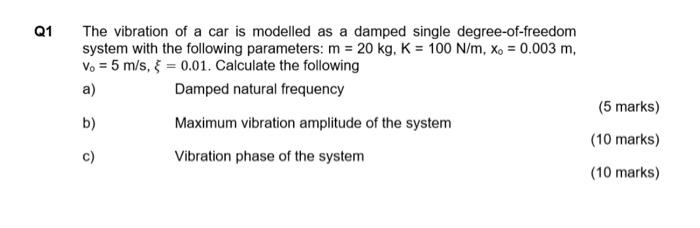 The Vibration Of A Car Is Modelled As A Damped Single Degree Of Freedom System With The Following Parameters M 20 Kg 1