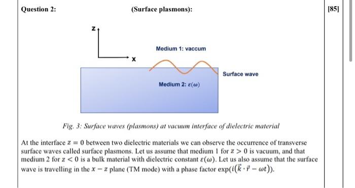Question 2 Surface Plasmons 85 N Medium 1 Vaccum Surface Wave Medium 2 0 Fig 3 Surface Waves Plasmons At V 1