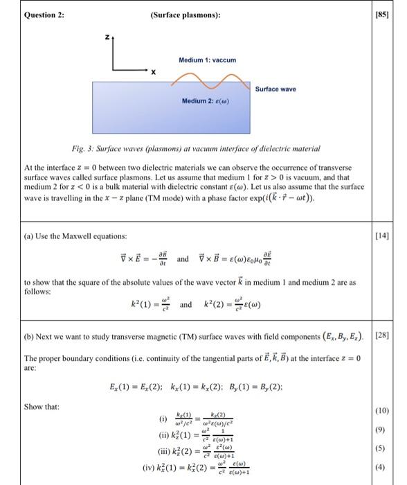 Question 2 Surface Plasmons 85 N Medium 1 Vaccum Surface Wave Medium 2 0 Fig 3 Surface Waves Plasmons At V 3