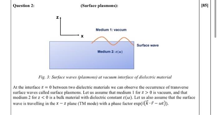 Question 2 Surface Plasmons 851 N Medium 1 Vaccum Surface Wave Medium 2 0 Fig 3 Surface Waves Plasmons At 1