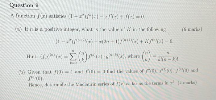 Question 9 A Function F X Satisfies 1 2 S X Xf X F C 0 6 Marks A If N Is A Positive Integer What I 1