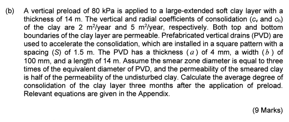 B A Vertical Preload Of 80 Kpa Is Applied To A Large Extended Soft Clay Layer With A Thickness Of 14 M The Vertical A 1