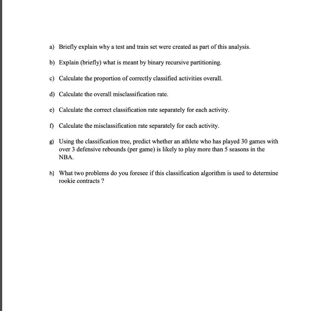 A Briefly Explain Why A Test And Train Set Were Created As Part Of This Analysis B Explain Briefly What Is Meant By 1