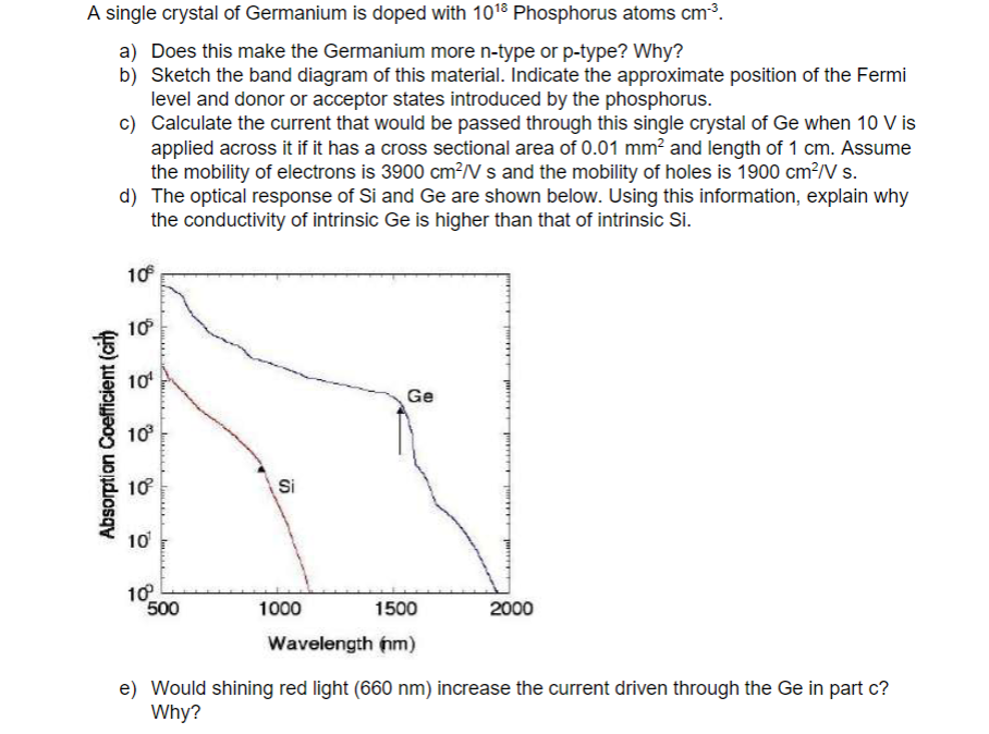 A Single Crystal Of Germanium Is Doped With 1018 Phosphorus Atoms Cm3 A Does This Make The Germanium More N Type Or P 1