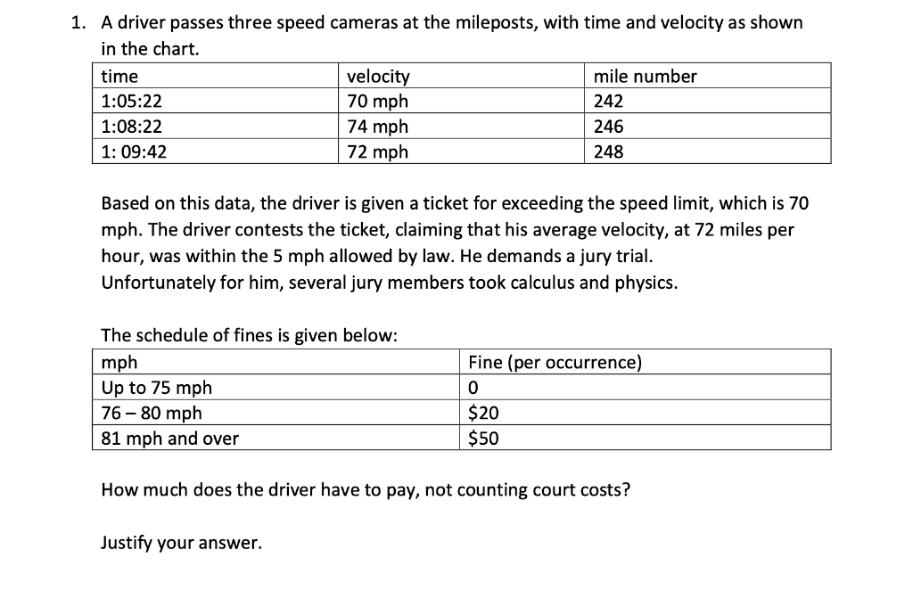 A Driver Passes Three Speed Cameras At The Mileposts With Time And Velocity As Shown In The Chart Time 1 05 22 1 08 22 1