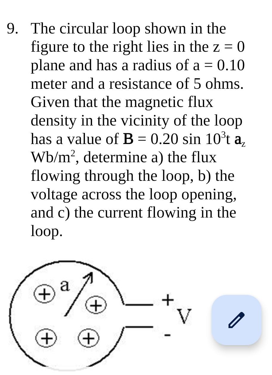 A A 9 The Circular Loop Shown In The Figure To The Right Lies In The Z 0 Plane And Has A Radius Of A 0 10 Meter A 1