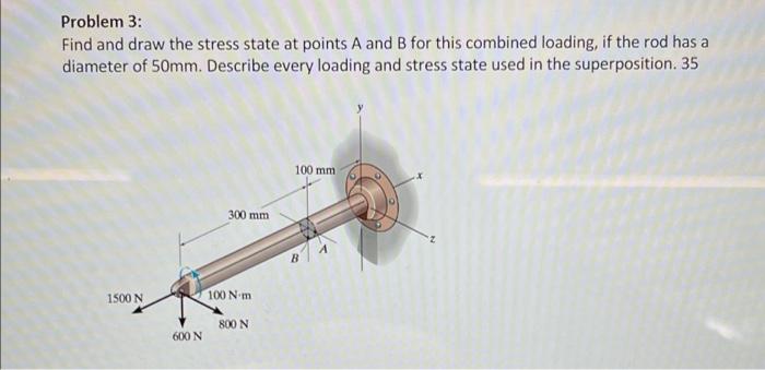 Problem 3 Find And Draw The Stress State At Points A And B For This Combined Loading If The Rod Has A Diameter Of 50mm 1
