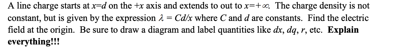 A Line Charge Starts At X D On The X Axis And Extends To Out To X 00 The Charge Density Is Not Constant But Is Giv 1