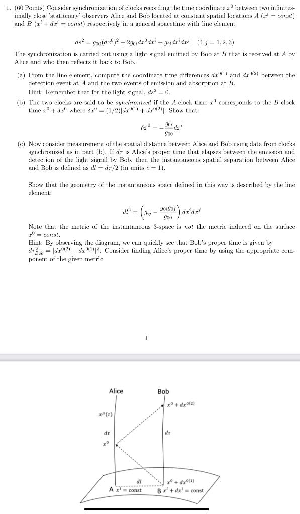 1 60 Points Consider Synchronization Of Clocks Recording The Time Coordinate Between Two Infinites Imally Close Sta 1