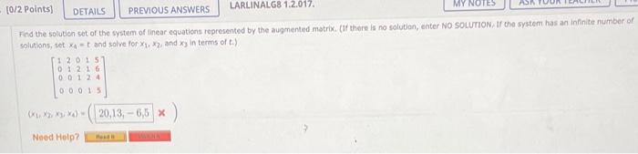 0 2 Points Details Previous Answers Larlinalg8 1 2 017 My Notes Find The Solution Set Of The System Of Linear Equation 1