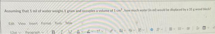 Assuming That 1 Ml Of Water Weighs 1 Gram And Occuples A Volume Of 1 Cm How Much Water In Ml Would Be Displaced By A 1