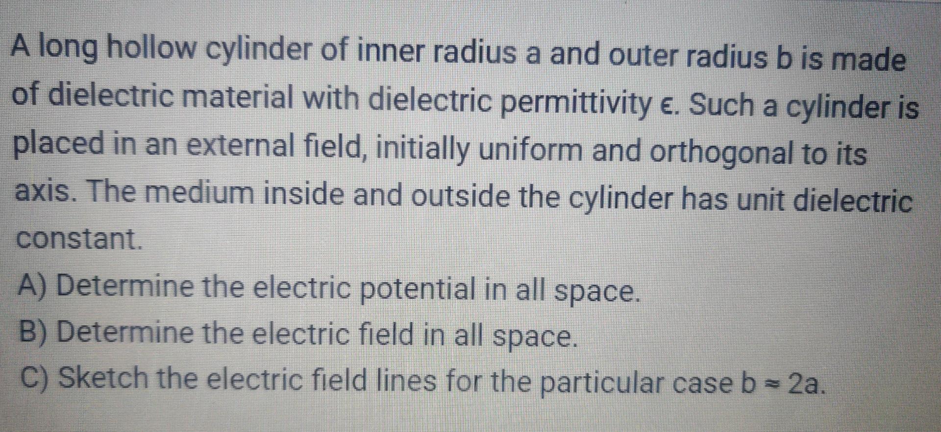 A Long Hollow Cylinder Of Inner Radius A And Outer Radius B Is Made Of Dielectric Material With Dielectric Permittivity 1