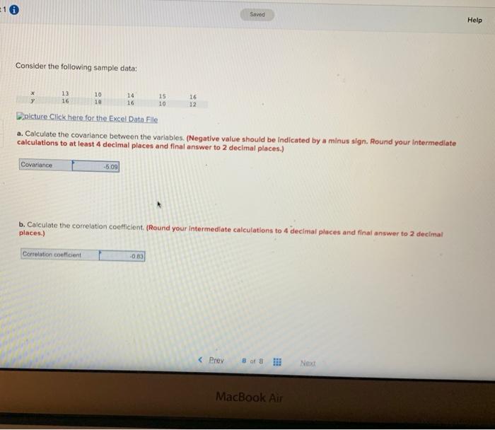 16 Saved Help Consider The Following Sample Data 13 16 Y 10 18 14 16 15 10 16 12 Dpicture Click Here For The Excel Data 1