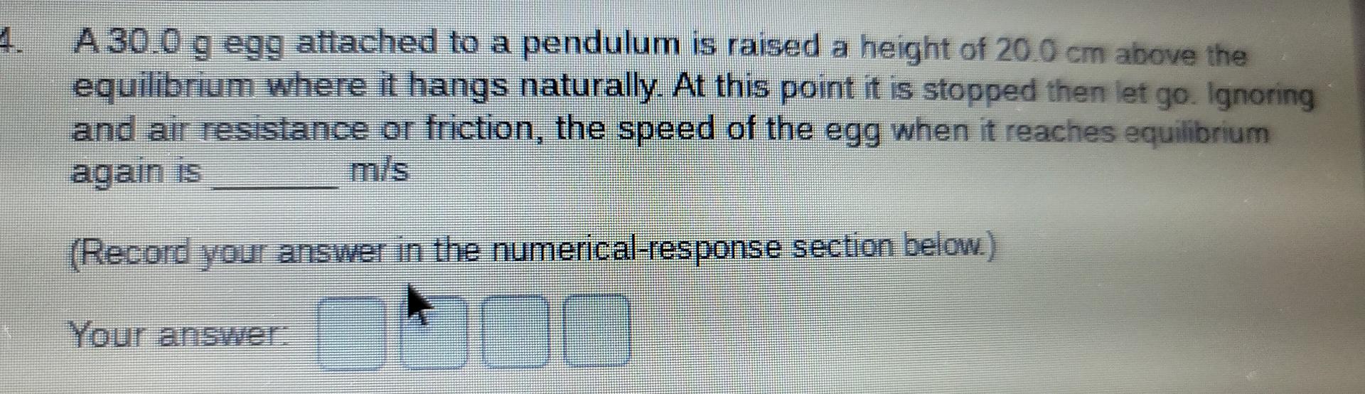 A 30 0 G Egg Attached To A Pendulum Is Raised A Height Of 20 0 Cm Above The Equilibrium Where It Hangs Naturally At Thi 1