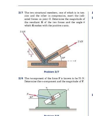 2 2 7 The Two Structural Members One Of Which Is Inten Sion And The Other In Compression Exert The Indi Cated Forces J 1