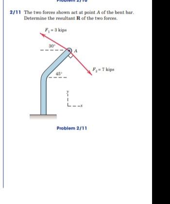 2 11 The Two Foroes Shown Act At Point A Of The Bent Bar Determine The Resultant R Of The Two Forces 3 Kip 30 Kipa 4 1