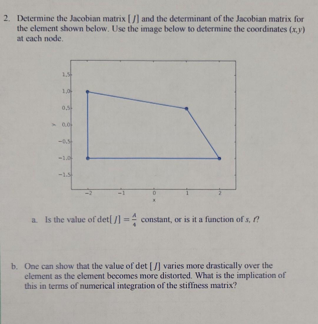 2 Determine The Jacobian Matrix And The Determinant Of The Jacobian Matrix For The Element Shown Below Use The Imag 1