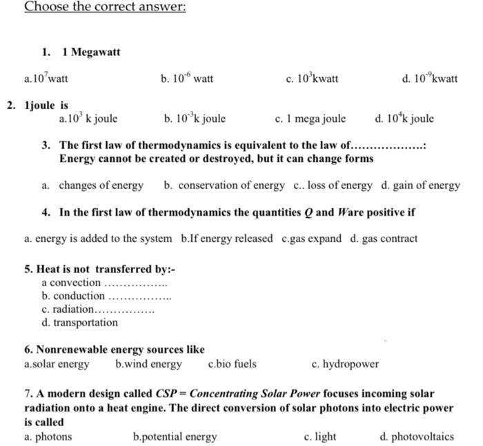 Choose The Correct Answer 1 1 Megawatt A 10 Watt B 10 Watt C 10 Kwatt D 10 Kwatt 2 Ljoule Is A 10 K Joule B 10 1