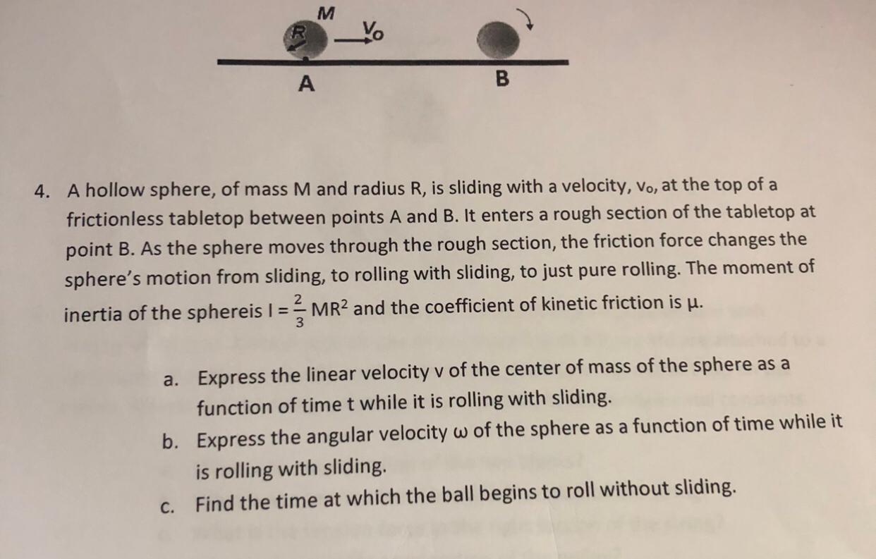 M A B 4 A Hollow Sphere Of Mass M And Radius R Is Sliding With A Velocity Vo At The Top Of A Frictionless Tabletop 1
