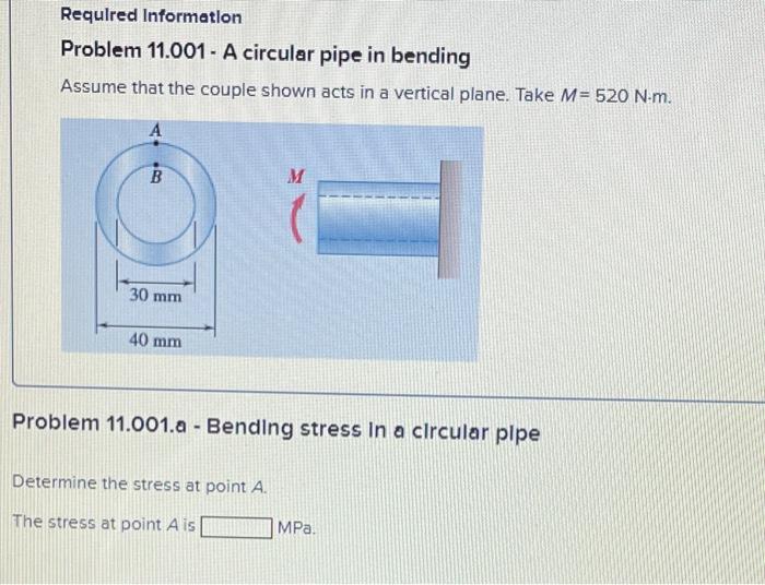 Required Information Problem 11 001 A Circular Pipe In Bending Assume That The Couple Shown Acts In A Vertical Plane 1