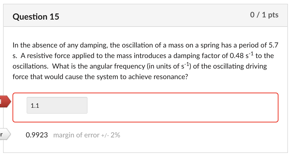 Question 15 0 1 Pts In The Absence Of Any Damping The Oscillation Of A Mass On A Spring Has A Period Of 5 7 S A Resi 1