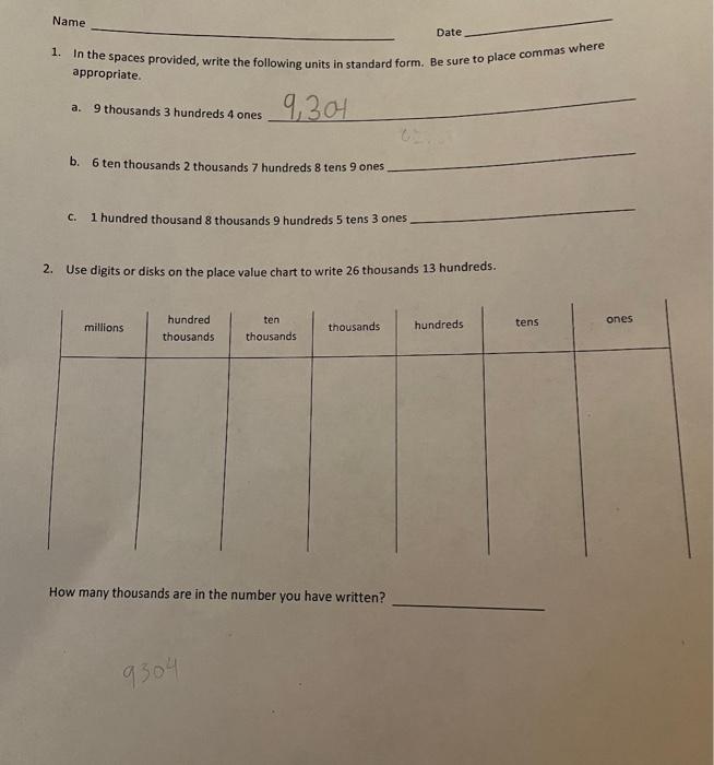 Name Date 1 In The Spaces Provided Write The Following Units In Standard Form Be Sure To Place Commas Where Appropria 1