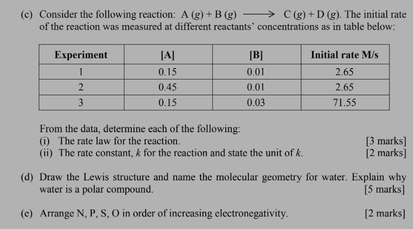 C Consider The Following Reaction A G B G C G D G The Initial Rate A G Of The Reaction Was Measured At 1