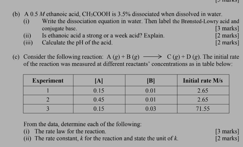 B A 0 5 M Ethanoic Acid Ch3cooh Is 3 5 Dissociated When Dissolved In Water I Write The Dissociation Equation In W 1