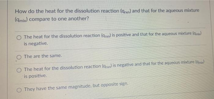 How Do The Heat For The Dissolution Reaction Grxn And That For The Aqueous Mixture Qmix Compare To One Another The 1