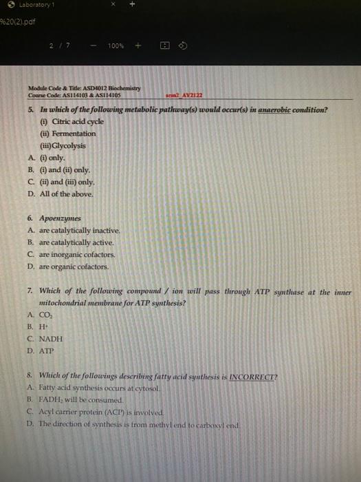 Laboratory 1 20 2 Pdf 2 7 100 San Ay2122 Modiale Code Title Asd 1012 Biochemistry Count Code Asi14103 Asi14105 1