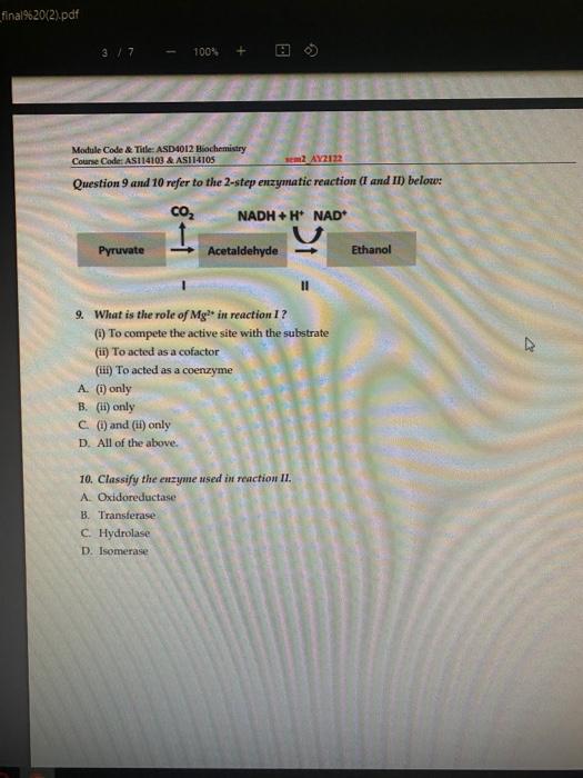 Final 20 2 Pdf 3 7 100 A 1 Module Code Title Asd4012 Biochemistry Course Code As114103 Asi14105 Ay2122 Questi 1