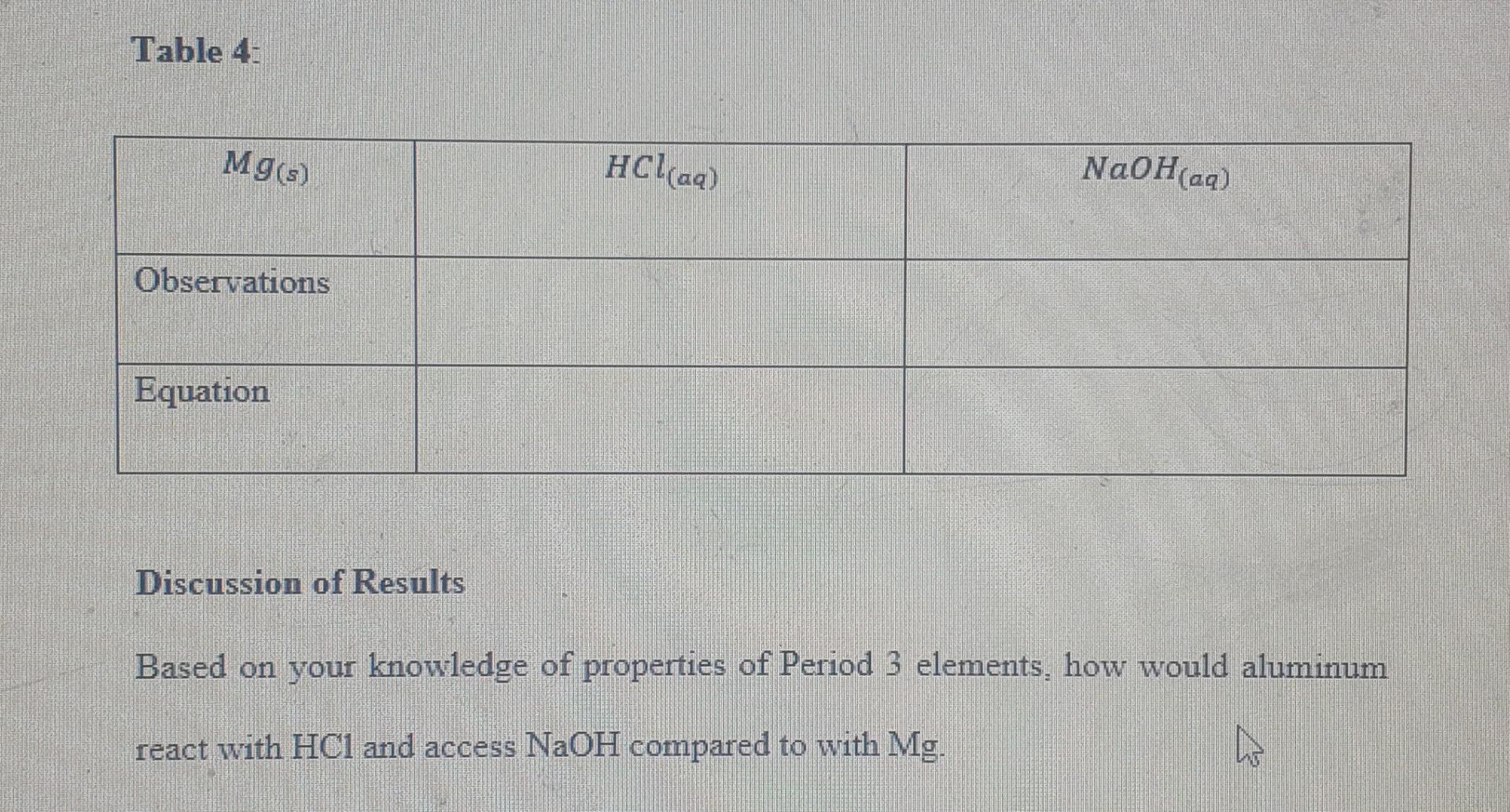 Table 4 Mg S Hcl Aq Naoh Aq Observations Equation Discussion Of Results Based On Your Knowledge Of Properties Of Per 1