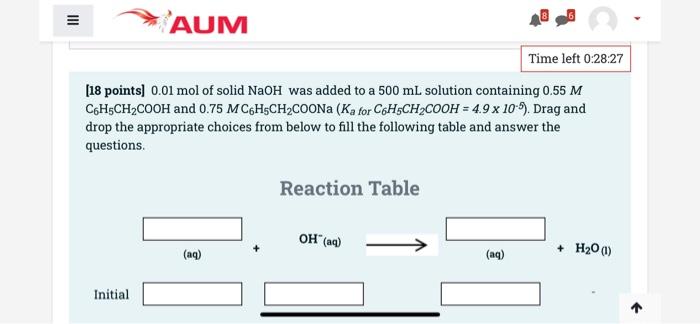 Iii Aum Time Left 0 28 27 18 Points 0 01 Mol Of Solid Naoh Was Added To A 500 Ml Solution Containing 0 55 M Ch Ch2cooh 1
