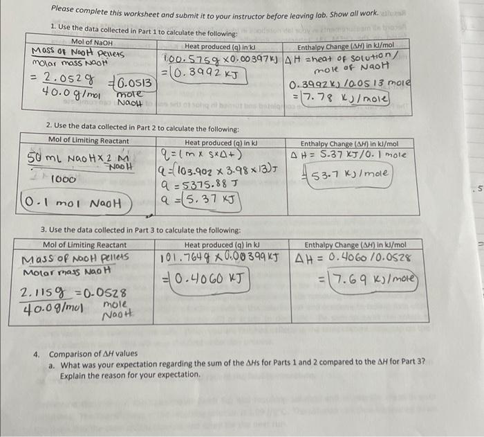 Enthalpy Change Ah In Kl Mol Please Complete This Worksheet And Submit It To Your Instructor Before Leaving Lob Show 1