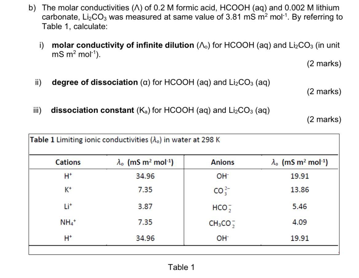 B The Molar Conductivities 1 Of 0 2 M Formic Acid Hcooh Aq And 0 002 M Lithium Carbonate Li2co3 Was Measured At S 1