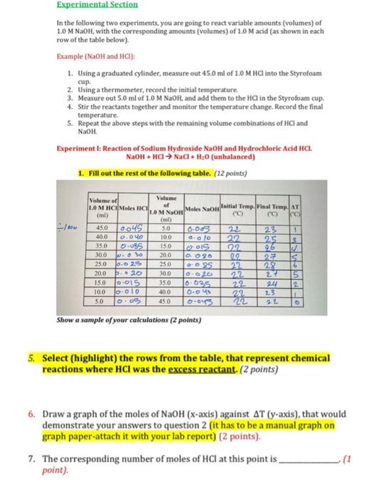 Experimental Section In The Following Two Experiments You Are Going To React Variable Amounts Volumes Of 1 0 M Naoh 1