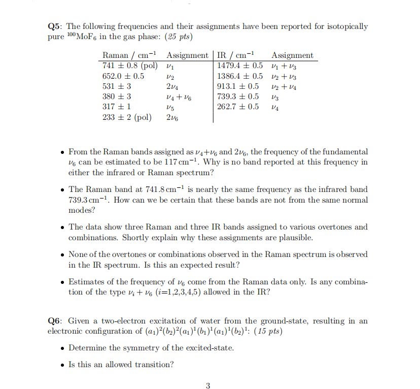 Q5 The Following Frequencies And Their Assignments Have Been Reported For Isotopically Pure 100 Mof6 In The Gas Phase 1
