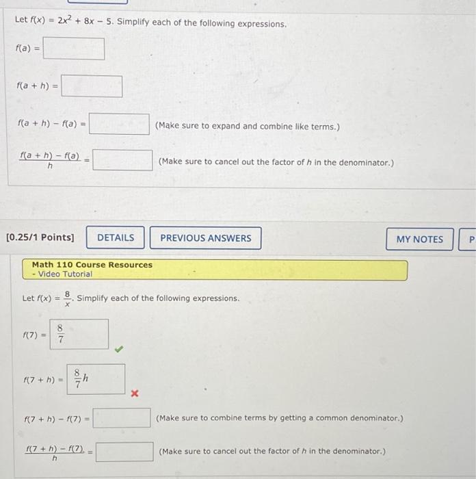 Let F X 2x2 8x 5 Simplify Each Of The Following Expressions F A F A H F A H F A Make Sure To Expand 1