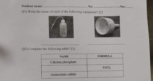 Student Name Q1 Write The Name Of Each Of The Following Equipment 121 No Sect Q2 Compl 1