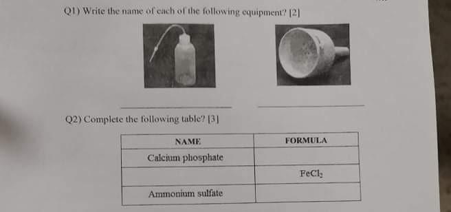 Q1 Write The Name Of Each Of The Following Equipment 121 Q2 Complete The Following Table 3 Name Formula Calcium Ph 1