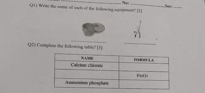 Q1 Write The Name Of Each Of The Following Equipment 2 No Sec Q2 Complete The Following Table 3 F 1