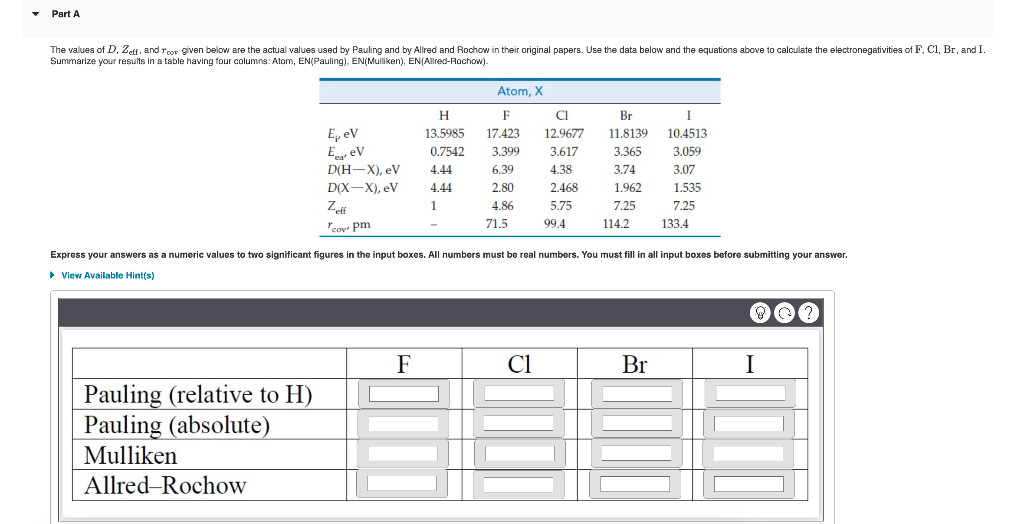 Part A The Values Of D Zelf And To Given Below Are The Actual Values Used By Pauling And By Allred And Rochow In Their 1