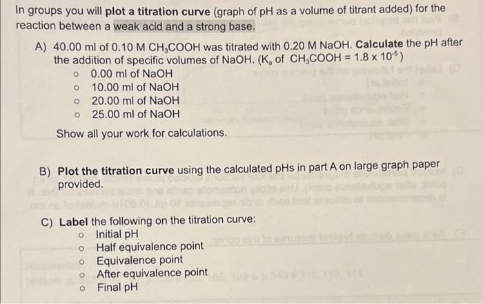 In Groups You Will Plot A Titration Curve Graph Of Ph As A Volume Of Titrant Added For The Reaction Between A Weak Aci 1