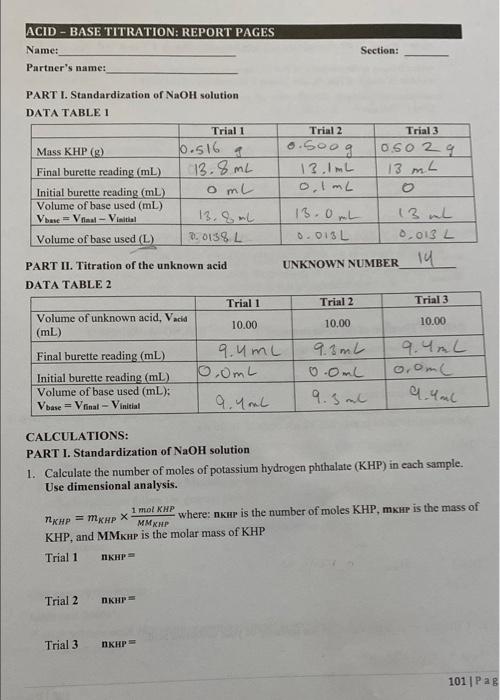 Section Acid Base Titration Report Pages Name Partner S Name Part I Standardization Of Naoh Solution Data Table 1 T 1