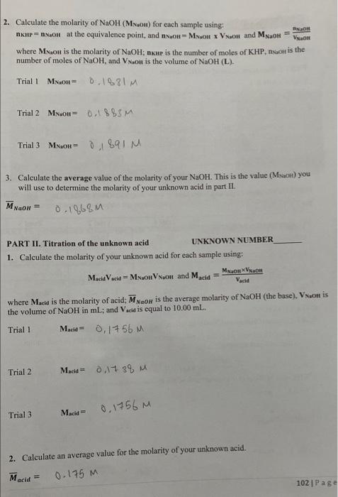 Section Acid Base Titration Report Pages Name Partner S Name Part I Standardization Of Naoh Solution Data Table 1 T 2