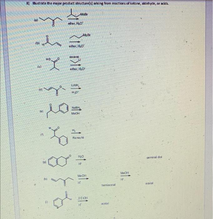 8 Mustrate The Major Product Structure S Arising From Reactions Of Ketone Aldehyde Or Acids Mob Lal Ether Ho Mgbr 1